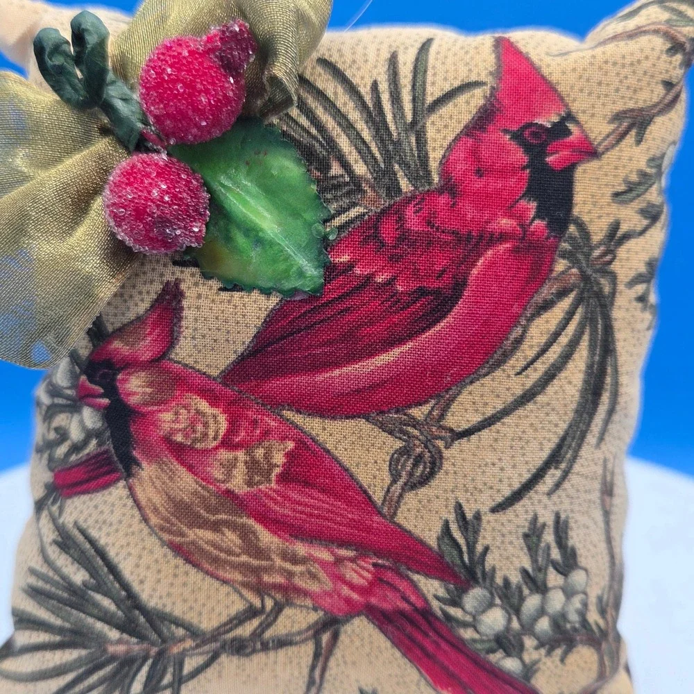 Cardinal Bird Decorative Pillow Scented Gold Bow Red Berries Christmas Decor 5in